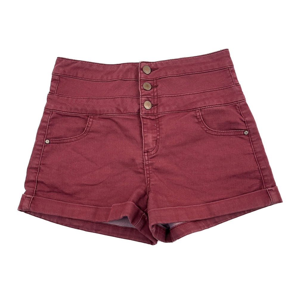 Tinseltown High Rise Shorts Juniors Size 1 Burgundy Red Cuffed Multi Button Fly
